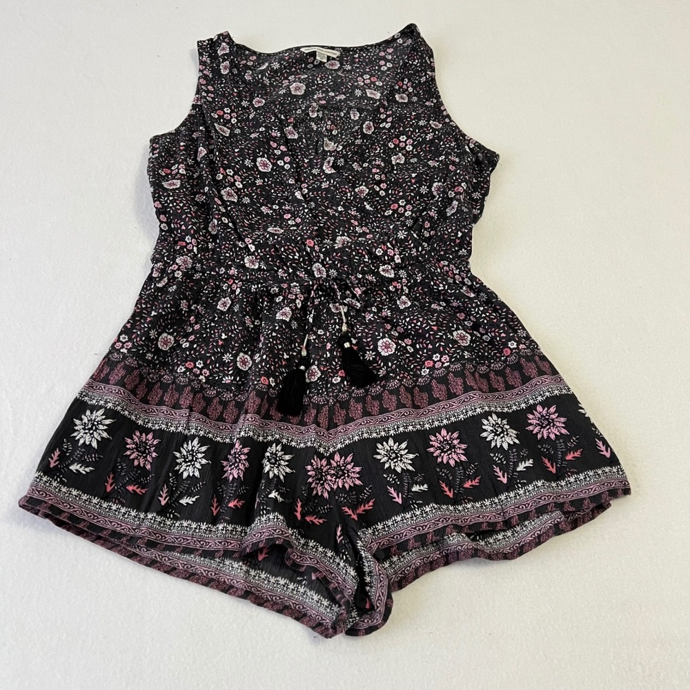 American Eagle Mini Romper Women M Black Floral Boho Tassel Indie Feminine Beach